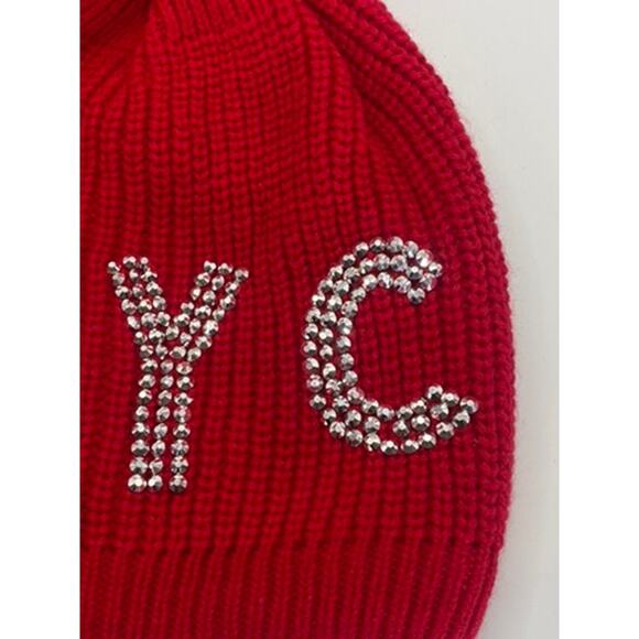 NYC Women's Red Ribbed Rhinestone Embellished Pom-Pom Faux Fur Lined Beanie SZOS - Picture 3 of 8